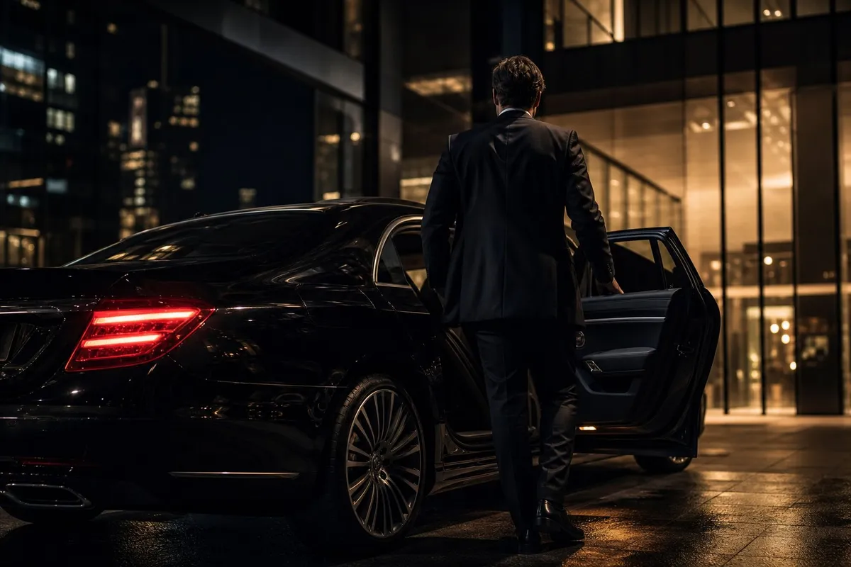 Executive entering a black sedan outside a corporate tower