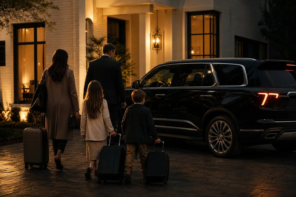 Couple with luggage beside a luxury SUV at dusk