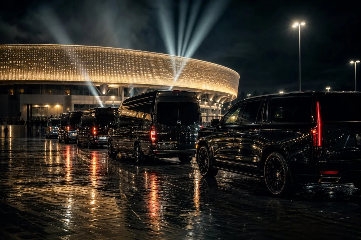 Luxury vehicles outside an arena with concert lights