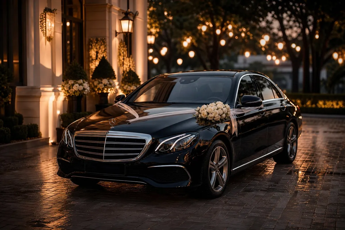 Elegant black sedan with white wedding ribbon at a venue entrance